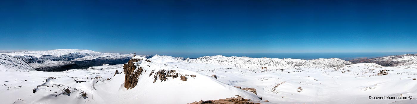 Poster and view from Laqlouq mountain showing Sannine and the sea