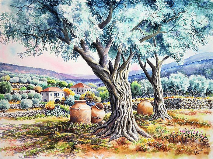 Jars and potteries and olive trees in a village