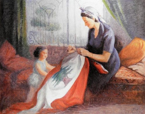 A mother sewing the flag in front of her daughter, Lebanon - 1950