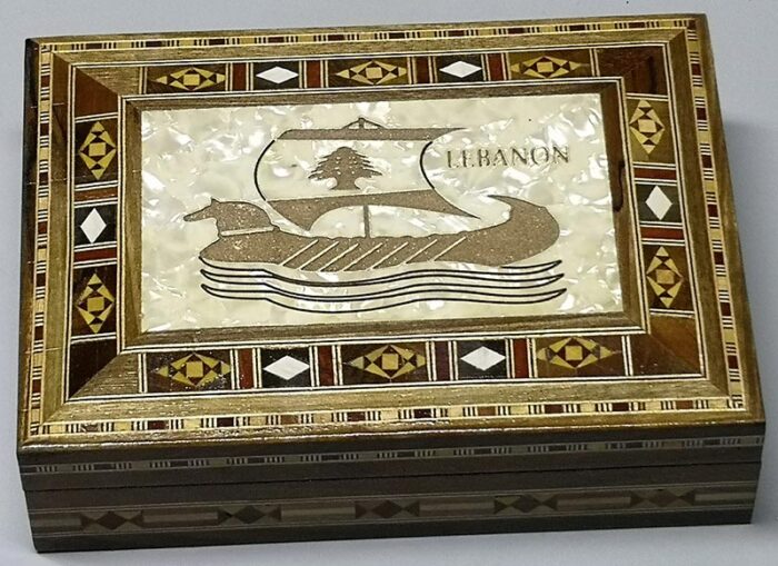 Wooden mosaic box Phoenician boat