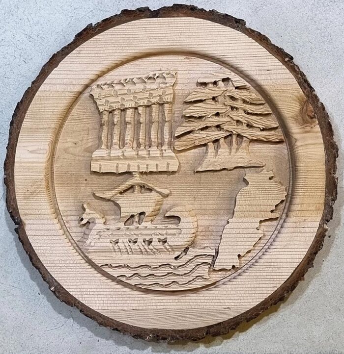 Cedar wood with sculpted Lebanese emblems
