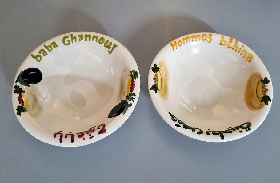 Baba Ghannouj بابا غنوج and Hommos Bithina حمص بطحينة ceramic tablewares