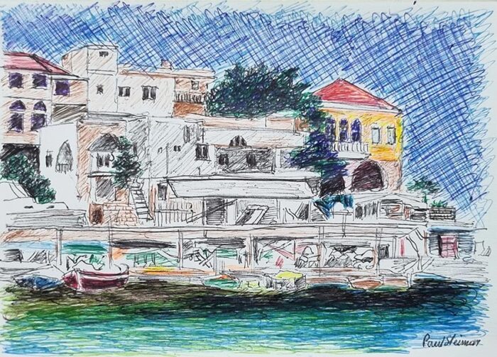 Batroun painting drawing fishing restaurant