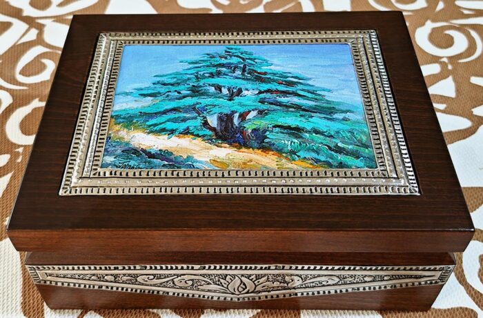 Crafted tea box hardwood Joseph Matar cedar of Lebanon painting