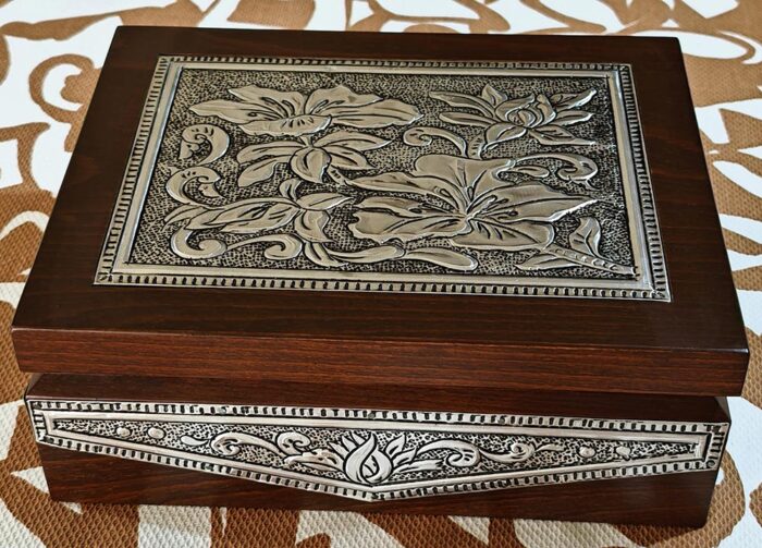 Crafted tea boxes made from hardwoods - plate of metal