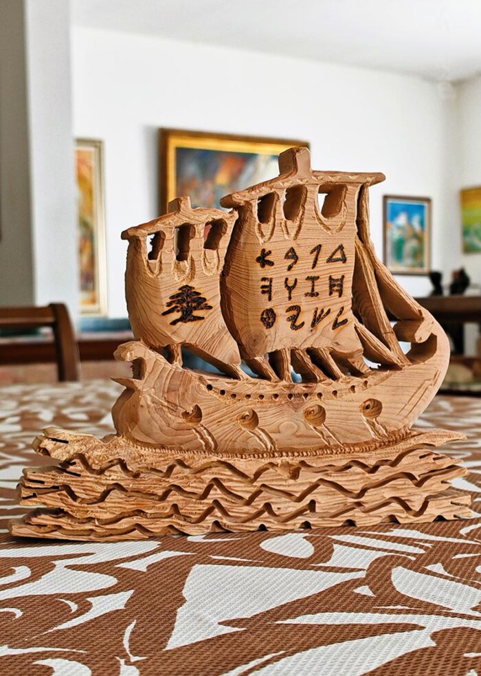 Phoenician ship sculpture in wood