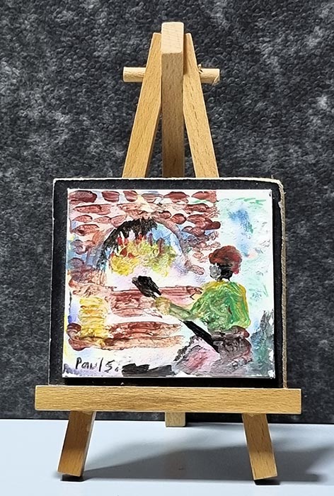 Preparing bread at the hearth - small painting