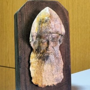 Sculpted stone bas-relief stand of Saint Charbel Makhlouf, wooden plaque
