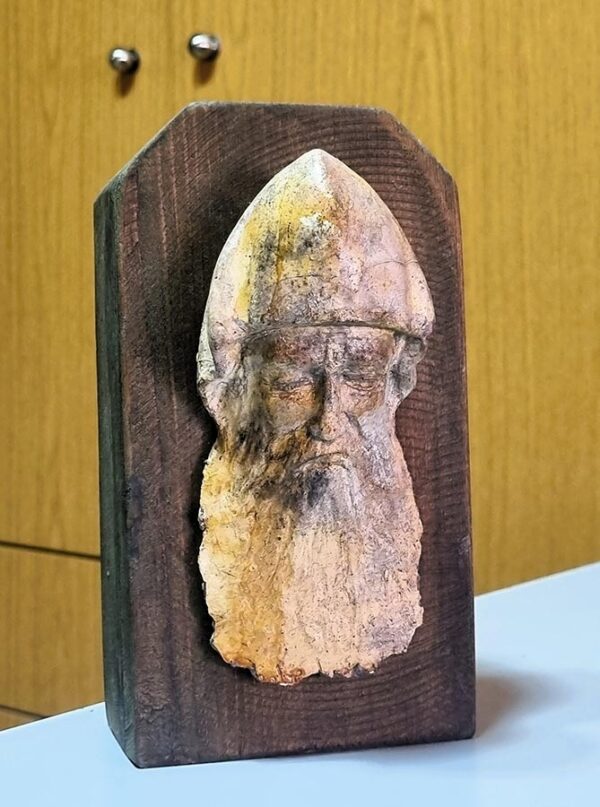 Sculpted stone bas-relief stand of Saint Charbel Makhlouf, wooden plaque
