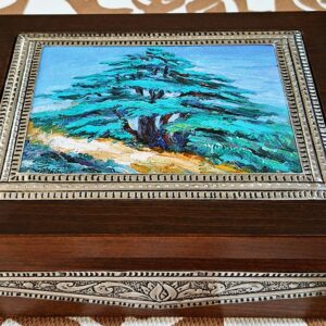 Crafted tea wood box Joseph Matar cedar of Lebanon painting
