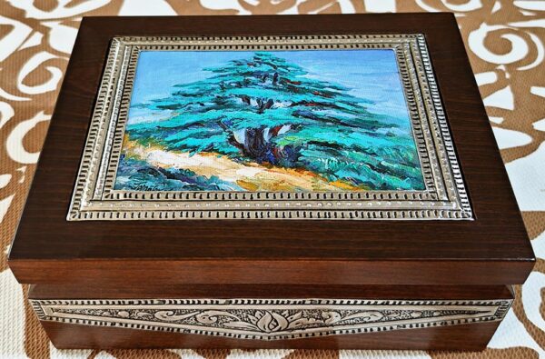 Crafted tea wood box Joseph Matar cedar of Lebanon painting