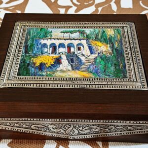Crafted tea box hardwood Joseph Matar old house paintiing