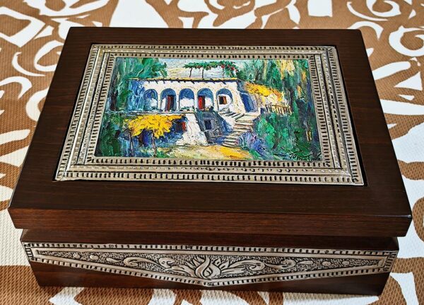 Crafted tea box hardwood Joseph Matar old house paintiing