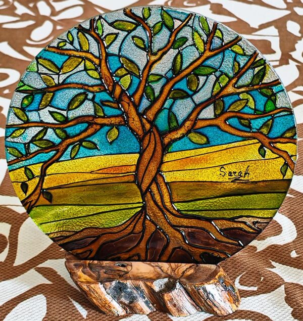 Decorative glass painting lebanese olive tree