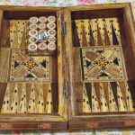 Miniature hand-made mosaic wooden backgammon game