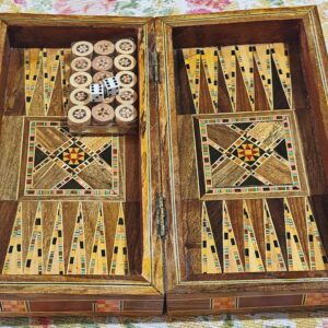 Miniature hand-made mosaic wooden backgammon game