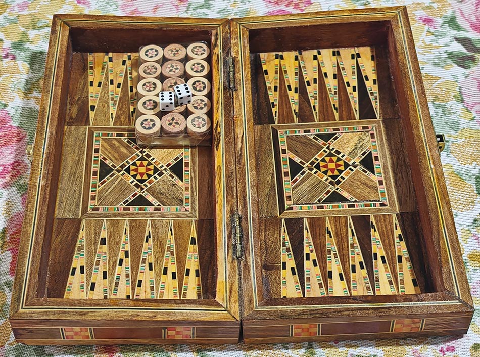 Miniature handmade mosaic wooden backgammon game