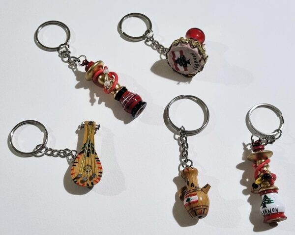 Wooden handmade keyrings in miniature Derbake Pitcher Ibrik Hookah Arguileh Oud