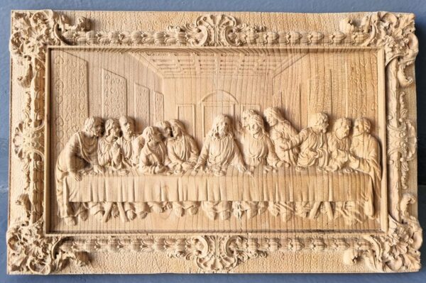 Last supper in cedar wood bas relief