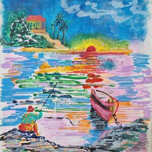 Artwork depicts a sunset over the Lebanese sea